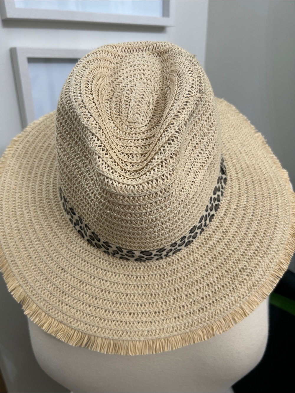 Coco + Carmen Beige Straw Fedora with Leopard Trim